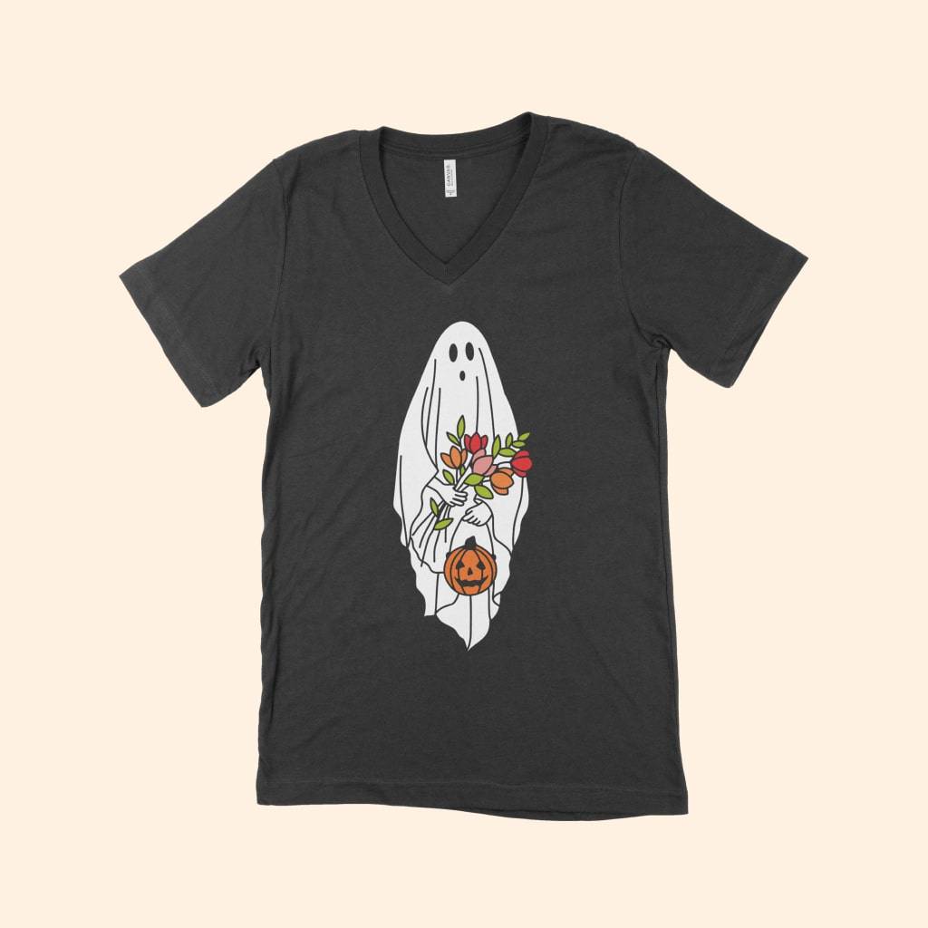 Cute Halloween Ghost Women’s Jersey V-Neck T-Shirt Color : White|Black Cute Halloween Ghost Women's Jersey V-Neck T-Shirt Color : White|Black