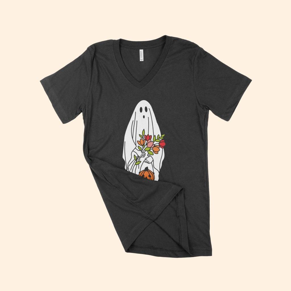 Cute Halloween Ghost Women’s Jersey V-Neck T-Shirt Color : White|Black Cute Halloween Ghost Women's Jersey V-Neck T-Shirt Color : White|Black