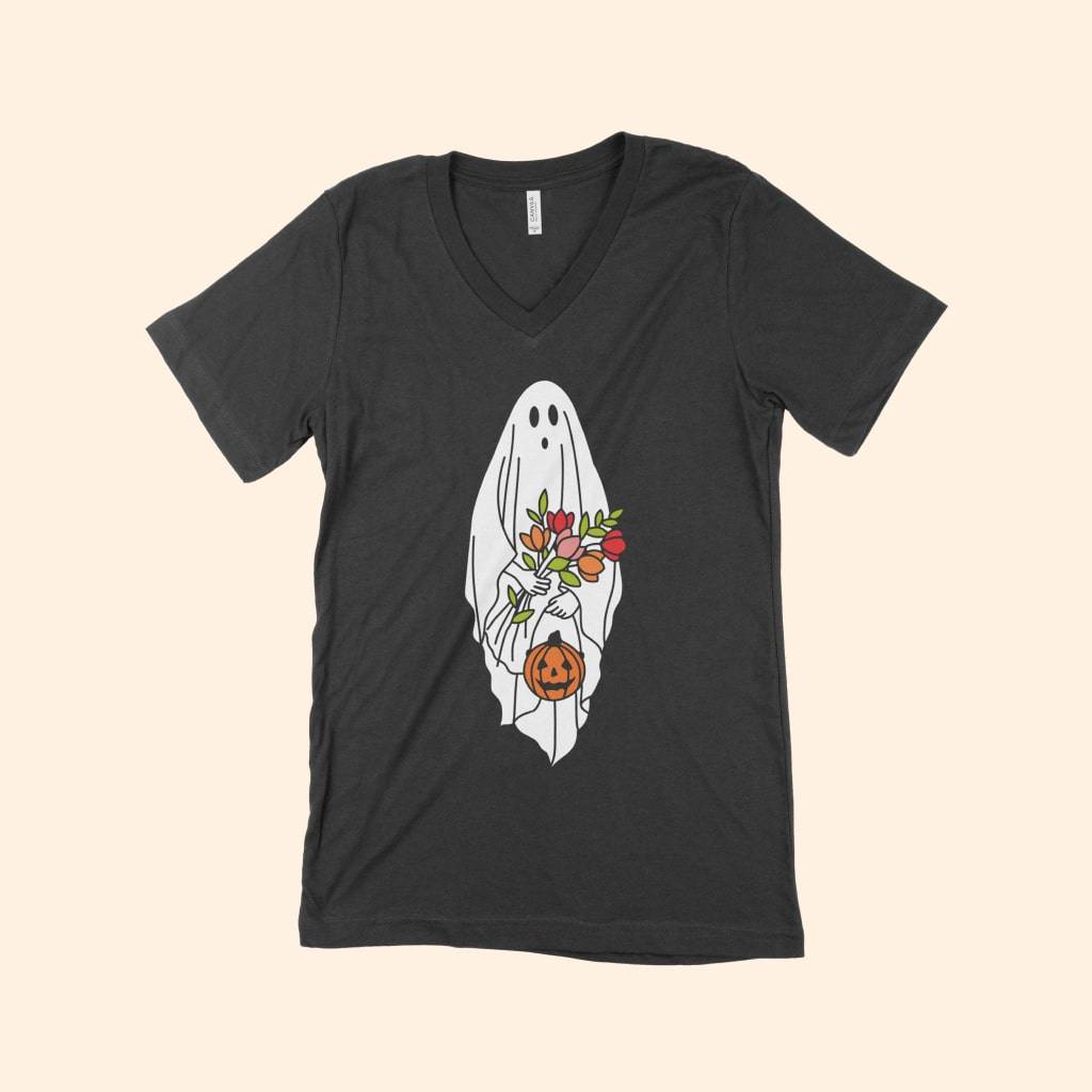 Cute Halloween Ghost Women’s Jersey V-Neck T-Shirt Color : White|Black Cute Halloween Ghost Women's Jersey V-Neck T-Shirt Color : White|Black