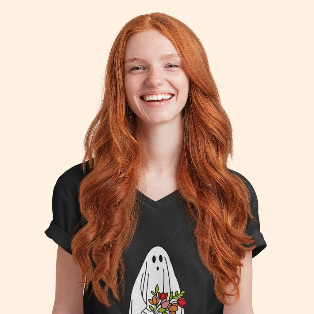 Cute Halloween Ghost Women’s Jersey V-Neck T-Shirt Color : White|Black Cute Halloween Ghost Women's Jersey V-Neck T-Shirt Color : White|Black